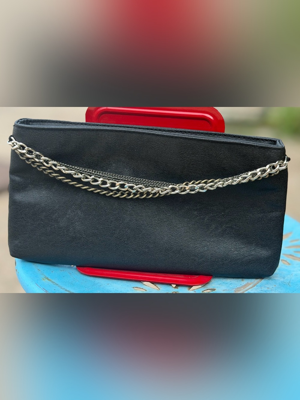 Elegant Black Clutch with Silver Chain Detail